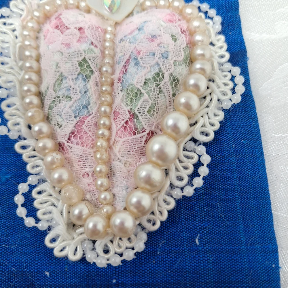 OOAK Handmade Textile Heart Flat Art Lace Pearls Silk